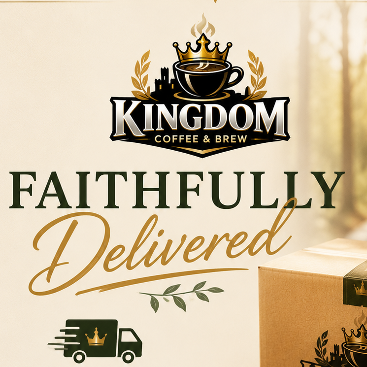 Kingdom Coffee & Brew promotional poster with coffee packaging and a mug on a wooden table.